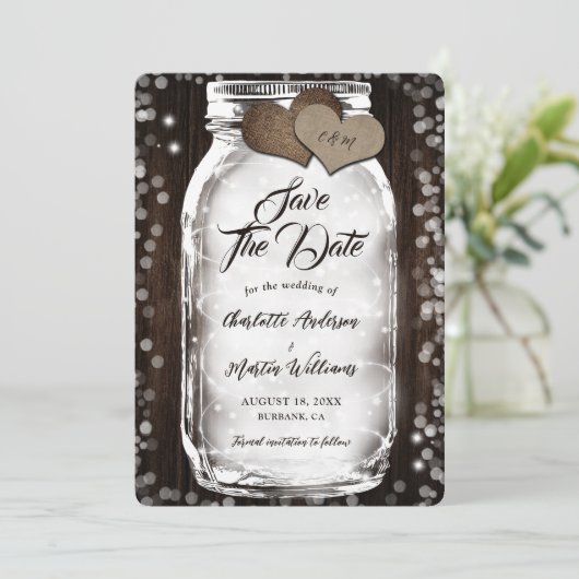 Country Barn Wood String Lights Mason Jar Wedding Save The Date (Staand voorkant)
