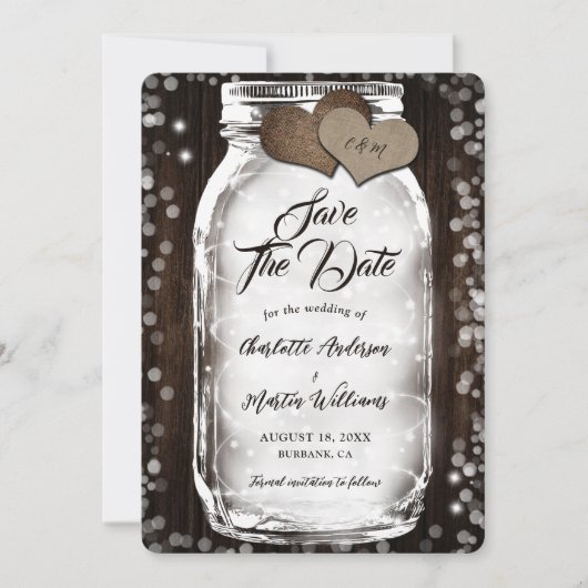 Country Barn Wood String Lights Mason Jar Wedding Save The Date (Voorkant)