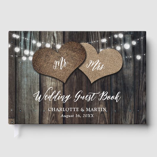 Country Barn Wood String Lights Mr & Mrs Wedding Gastenboek (Voorkant)