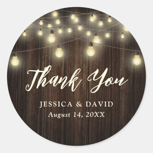 Country Barn Wood String Lights Wedding Dank u Ronde Sticker (Voorkant)