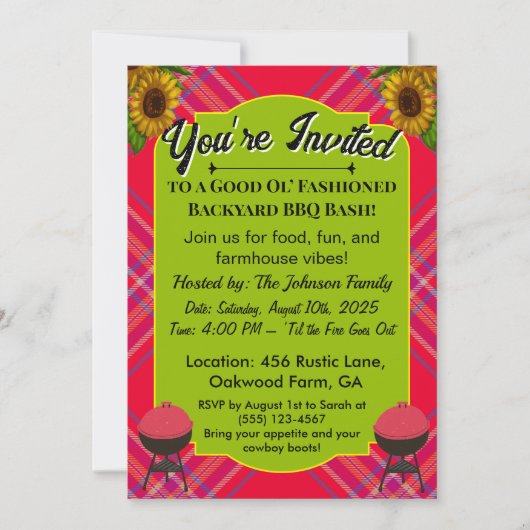 Country BBQ Uitnodiging – Plaid Grill Thema Rustie (Voorkant)