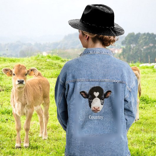 Country Black and White Cow Face Denim Jacket
