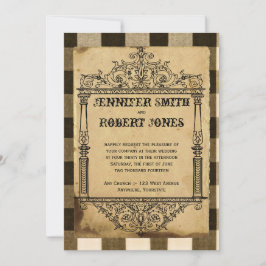 Country Black Sepia Checking Wedding Invitation Kaart