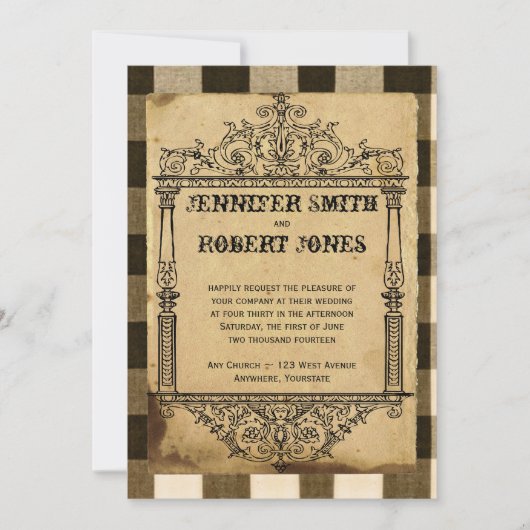 Country Black Sepia Checking Wedding Invitation Kaart (Voorkant)