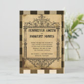 Country Black Sepia Checking Wedding Invitation Kaart (Staand voorkant)