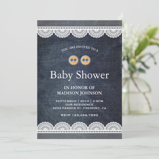 Country Blau Denim Wit Kant Baby Shower Kaart (Staand voorkant)