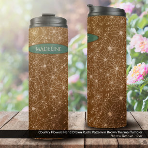 Country Bloemen Hand getrokken patroon bruin rusti Thermosbeker