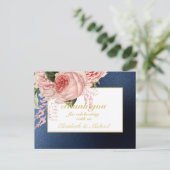 Country Blue Blush Roze Rozen Navy Gold DANK U Briefkaart (Staand voorkant)