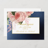 Country Blue Blush Roze Rozen Navy Gold DANK U Briefkaart (Voorkant / Achterkant)