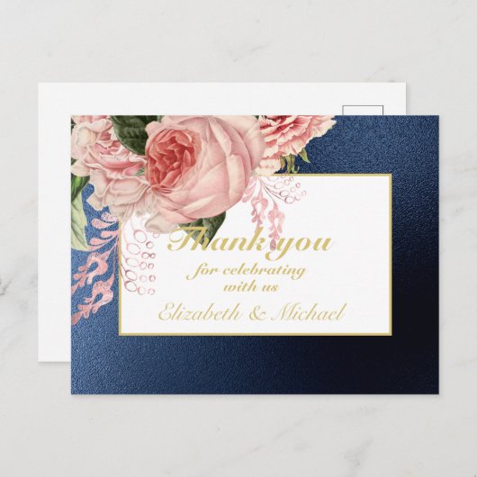 Country Blue Blush Roze Rozen Navy Gold DANK U Briefkaart (Voorkant / Achterkant)