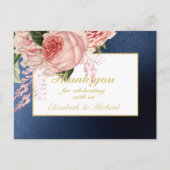 Country Blue Blush Roze Rozen Navy Gold DANK U Briefkaart (Voorkant)