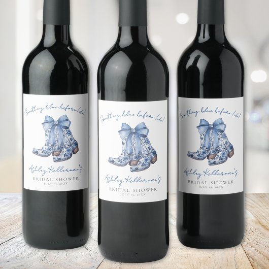 Country Blue Bow Cowboy Vrijgezellenfeest Wijn Etiket