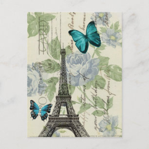 Country Blue floral butterfly paris eiffel tower Briefkaart