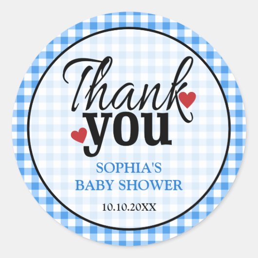 Country Blue Gingham Baby shower Dank je wel Ronde Sticker (Voorkant)