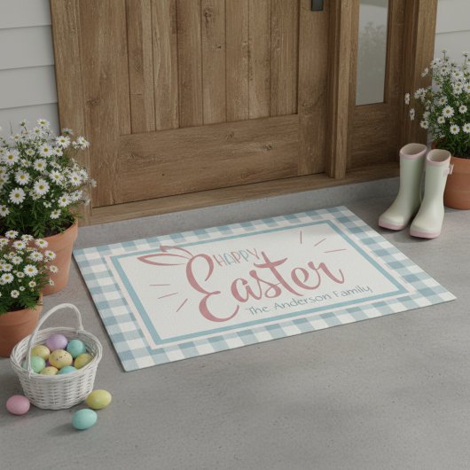 Country Blue Gingham Gelukkig Pasen gepersonalisee Deurmat