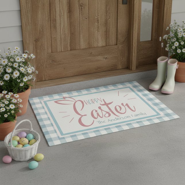 Country Blue Gingham Gelukkig Pasen gepersonalisee Deurmat (Country Blue Gingham Happy Easter Personalized Doormat)