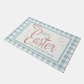 Country Blue Gingham Gelukkig Pasen gepersonalisee Deurmat (Schuin)