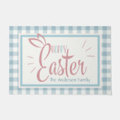 Country Blue Gingham Gelukkig Pasen gepersonalisee Deurmat (Voorkant)