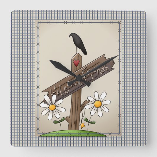 Country Blue Gingham Welcome Friends Vierkante Klok (Voorkant)