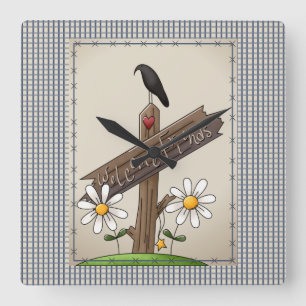 Country Blue Gingham Welcome Friends Vierkante Klok