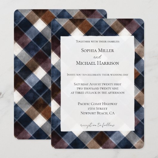 Country Blue Red White Squares Wedding Kaart (Voorkant / Achterkant)