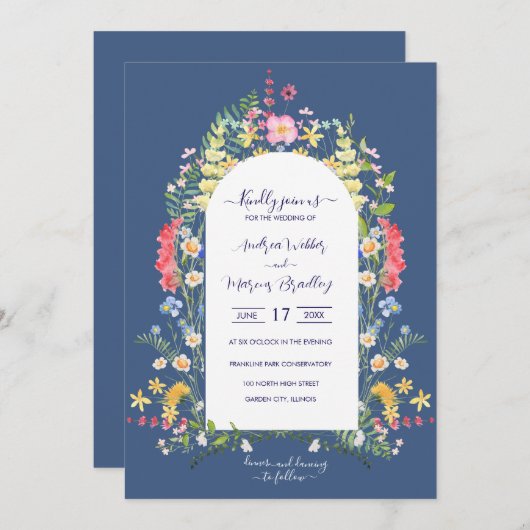 Country Blue Rustic Wildflower Waterverven Kaart (Voorkant / Achterkant)