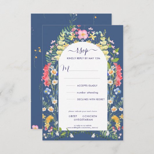 Country Blue Rustic Wildflower Waterverven RSVP (Voorkant / Achterkant)
