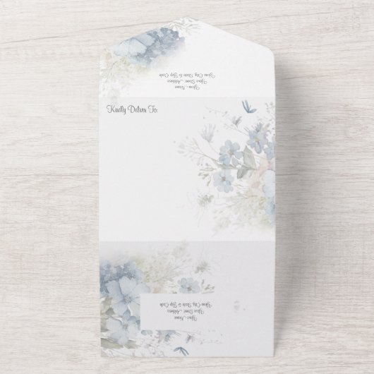 Country Blue Wildflowers op witte QR-code All In One Uitnodiging (Buitenkant)