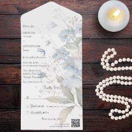 Country Blue Wildflowers op witte QR-code All In One Uitnodiging