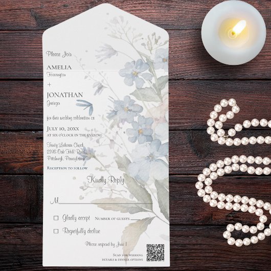 Country Blue Wildflowers op witte QR-code All In One Uitnodiging