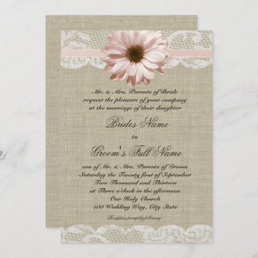 Country Blush Daisy en Lace Rustic Burlap Wedding Kaart (Voorkant / Achterkant)