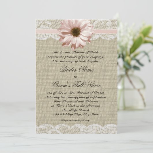 Country Blush Daisy en Lace Rustic Burlap Wedding Kaart (Staand voorkant)