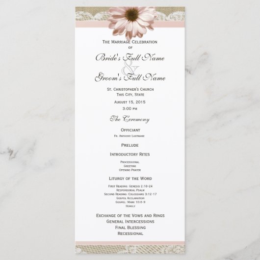 Country Blush Daisy en Lace Wedding Programma Programmakaart (Voorkant)