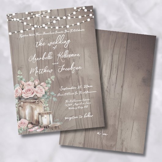 Country Blush Rozen Rustiek Hout Wedding Kaart