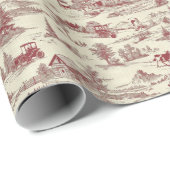  Country Boerderij Scene in Red & Cream Toile Cadeaupapier (Rol Hoek)