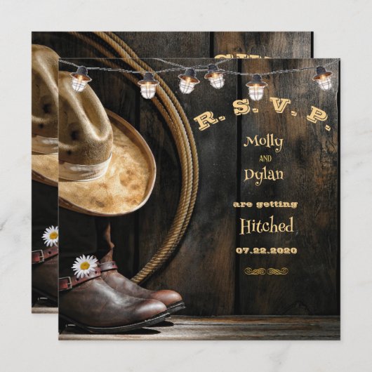 Country Boots Pet & Barnwood Wedding RSVP Kaart (Voorkant / Achterkant)