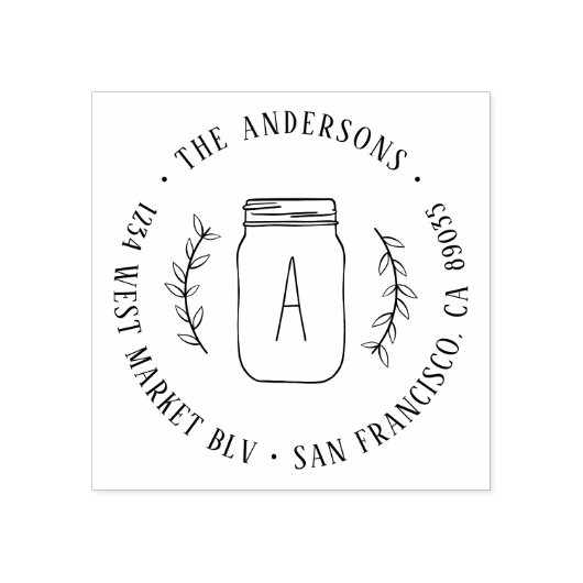 Country Branch & Mason Jar Initiaal Retouradres Rubberstempel (Afrduk)