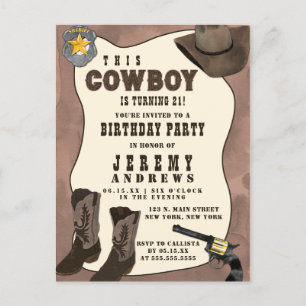 Country Brown Cowboy Waterverf Verjaardag Uitnodiging Briefkaart