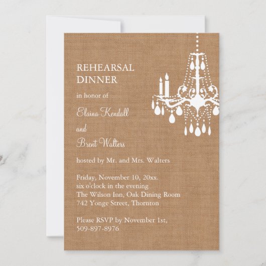 Country Burlap Chandelier Rehearsal Dinner Invite Kaart (Voorkant)