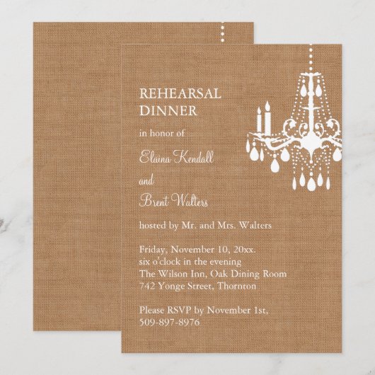 Country Burlap Chandelier Rehearsal Dinner Invite Kaart (Voorkant / Achterkant)