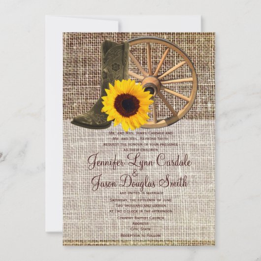 Country Burlap Cowboy Boots Sunflower Wedding Kaart (Voorkant)