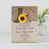 Country Burlap Cowboy Boots Sunflower Wedding Kaart (Staand voorkant)