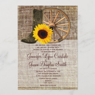 Country Burlap Cowboy Boots Sunflower Wedding Kaart