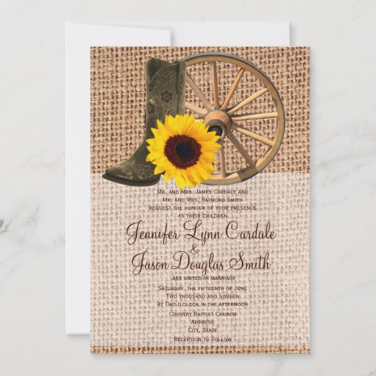 Country Burlap Cowboy Boots Sunflower Wedding Kaart (Voorkant)