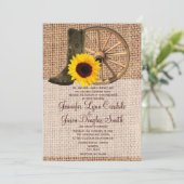 Country Burlap Cowboy Boots Sunflower Wedding Kaart (Staand voorkant)