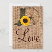 Country Burlap Cowboy Boots Sunflower Wedding Kaart (Achterkant)