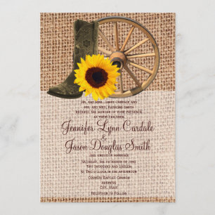 Country Burlap Cowboy Boots Sunflower Wedding Kaart