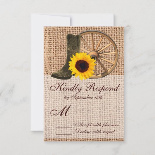 Country Burlap Cowboy Boots Sunflower Wedding RSVP (Voorkant)
