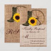 Country Burlap Cowboy Boots Sunflower Wedding RSVP (Voorkant / Achterkant)