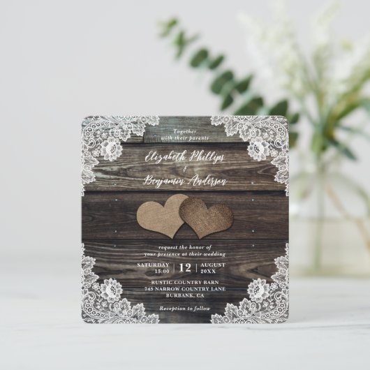Country Burlap Hearts Floral Lace Wood Wedding Kaart (Staand voorkant)